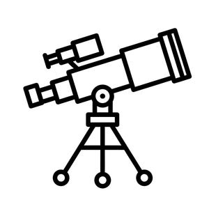 Könnte beinhalten: Schwarz-weiße Strichzeichnung eines Teleskops. Das Teleskop ist auf einem Stativ mit drei Beinen montiert. Das Teleskop hat einen langen Tubus und ein kleineres Okular.