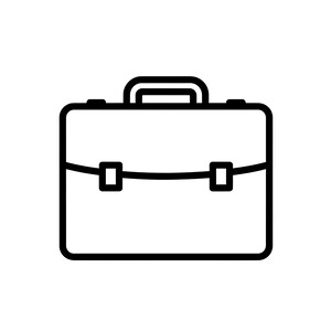 May include: A black and white line drawing of a briefcase. The briefcase has a rectangular shape with a handle on top and two clasps on the front. The design is simple and modern, suitable for business or professional use.