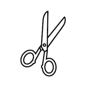 May include: Black and white line art illustration of scissors. The scissors are open, with the blades angled away from each other. The handles have circular finger holes.