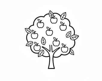 Contorno SVG de manzano PNG, arte lineal vectorial en blanco y negro para Cricut