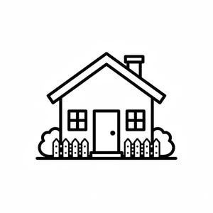 Könnte beinhalten: Schwarz-Weiß-Illustration eines Hauses. Das Haus hat ein Satteldach, einen Schornstein, zwei Fenster und eine Tür. Ein Zaun und Büsche befinden sich vor dem Haus.