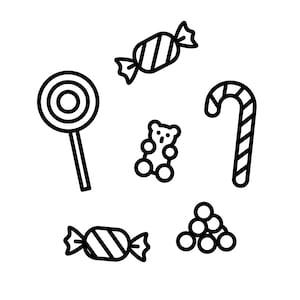 May include: Black and white line art of various candies on a white background. The image includes a lollipop, wrapped candies, a gummy bear, a candy cane, and a cluster of round candies.