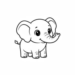 Puede incluir: Ilustración de dibujos animados en blanco y negro de un elefante bebé sonriente. El elefante tiene orejas grandes, una larga trompa y ojos grandes y expresivos. El elefante está de pie sobre cuatro patas y tiene una pequeña cola.