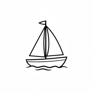 May include: A simple black and white line drawing of a sailboat. The boat has a triangular sail and a small flag at the top of the mast. The boat is depicted sailing on wavy lines representing water.