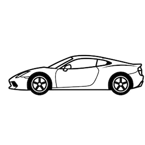 May include: Black and white line drawing of a sports car. The car has a sleek, aerodynamic design with a low profile, two doors, and large wheels. The wheels are black with a five-spoke design. The car is depicted in profile against a white background.