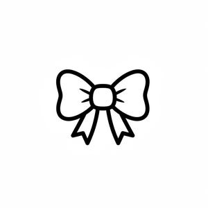 May include: A black and white line drawing of a bow. The bow has a rounded center with radiating lines and two loops on each side. The bow's tails are pointed and symmetrical.