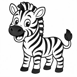 May include: A cartoon illustration of a young zebra standing in profile, featuring a white body with bold black stripes, a black muzzle, a black mane, and a black-tipped tail. The zebra has a friendly expression with large eyes and an open mouth.