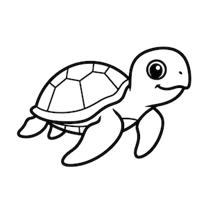 Può includere: Illustrazione a cartone animato in bianco e nero di una tartaruga marina. La tartaruga ha un guscio segmentato, pinne e un viso sorridente con un occhio grande. Immagine semplice e pulita, ideale per prodotti per bambini.