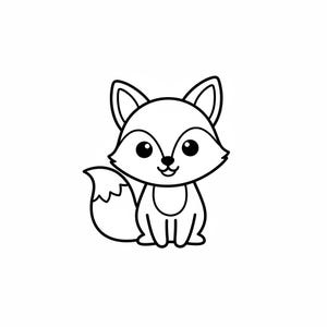 May include: A black and white cartoon illustration of a fox. The fox is sitting upright with a smiling expression. It has large, round eyes, pointed ears, and a fluffy tail. The design is simple and clean, perfect for various applications.