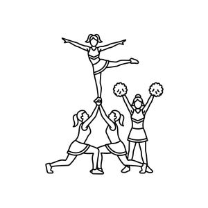 May include: Line art illustration of a cheerleading pyramid. Three cheerleaders support another cheerleader in a standing pose, while a fourth cheerleader holds pom-poms. All are wearing matching uniforms.