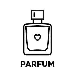 May include: Black and white line art illustration of a perfume bottle with a heart symbol on the front. The bottle has a rectangular shape with a square cap. The word "PARFUM" is written in bold, black letters below the bottle.
