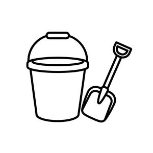 Può includere: Illustrazione in bianco e nero di un secchio da spiaggia con manico e una piccola pala. Il secchio è cilindrico e la pala ha una lama arrotondata e un manico a forma di D.