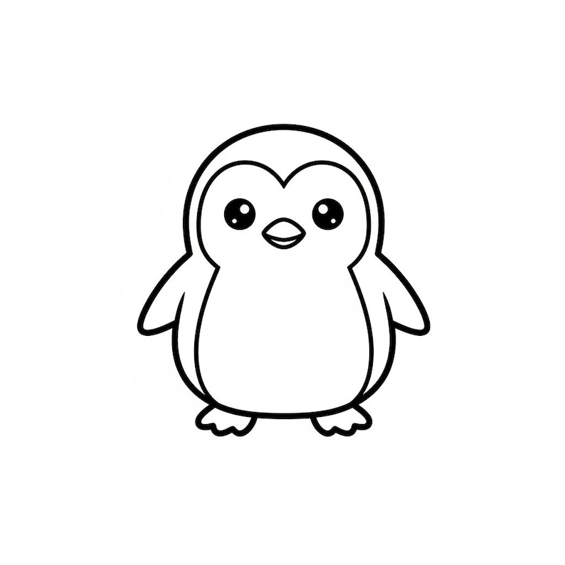 K&ouml;nnte beinhalten: Schwarz-wei&szlig;e Cartoon-Illustration eines Pinguins. Der Pinguin hat einen wei&szlig;en K&ouml;rper, einen schwarzen Umriss, kleine Fl&uuml;gel und einen niedlichen Ausdruck mit gro&szlig;en Augen und einem kleinen Schnabel. Der Pinguin steht aufrecht.