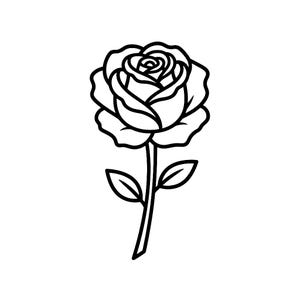 Könnte beinhalten: Schwarz-Weiß-Linienzeichnung einer Rose. Die Rose hat detaillierte Blütenblätter und ist an einem Stiel mit zwei Blättern befestigt. Ein einfaches, elegantes Design.