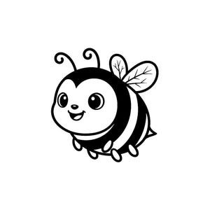 May include: A black and white cartoon bee with a smiling face, large eyes, and striped body. The bee has small legs, antennae, and detailed wings. The design is simple and friendly, suitable for children's products.