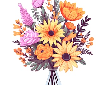 Blombukett SVG Clipart, Blommig SVG Design, Bukett SVG-fil för hantverk