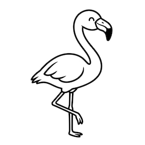 May include: A black and white line drawing of a flamingo. The flamingo is standing on one leg with its head tilted slightly to the side. The bird has a long neck, a curved beak, and a small smile.