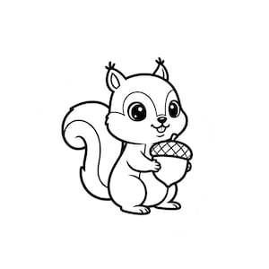 May include: A black and white cartoon illustration of a squirrel holding an acorn. The squirrel has large eyes, a fluffy tail, and is smiling. The acorn is detailed with a crosshatch pattern.