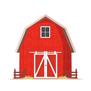Peut inclure: Une grange rouge avec des portes coulissantes blanches, une petite fenêtre et un toit marron. La grange a une petite clôture de chaque côté et un brin d'herbe jaune à la base. Une scène de ferme classique.