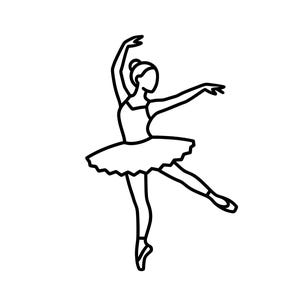 Op de afbeelding: Een zwart-witte lijntekening van een ballerina in een sierlijke pose. De ballerina draagt een tutu en spitsschoenen, met uitgestrekte armen en één been uitgestrekt. De afbeelding staat op een witte achtergrond.