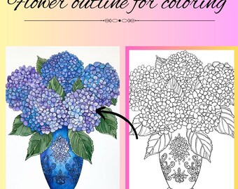 Blå hortensia målarkontur PDF, utskrivbar svart linjeteckning för spårning och målning