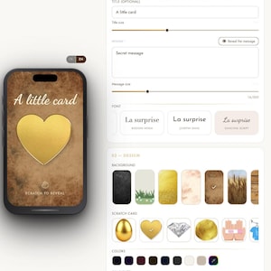 Könnte beinhalten: Smartphone-Bildschirm mit einer digitalen Kartendesign-Oberfläche. Die Karte zeigt ein goldenes Herz und den Text „A little card“. Optionen umfassen Textfarbe, Titel, Nachricht, Schriftart, Hintergrund und Rubbelkartenelemente.