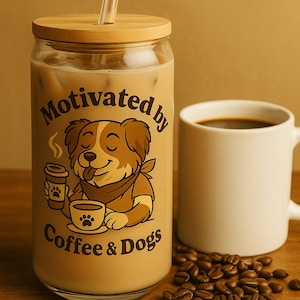 Coffee & Canines Sipper Glass, Fun Dog-Themed Drinkware for Pet Lovers, Reusable 16oz Glass, Gift for Dog Owners, Perfect for Coffee Lovers,