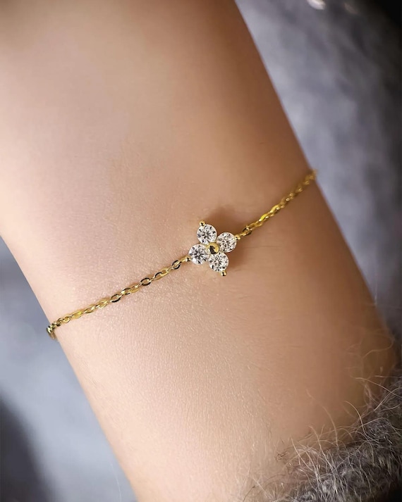 Four Leaf Clover Lab Diamond Bracelet, 14K Gold Plated Silver, Dainty Everyday Jewelry