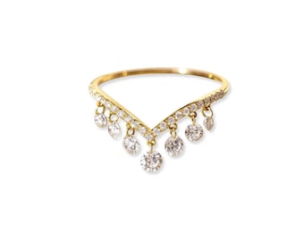14K Gold V Shape Ring, Drilled Lab Diamonds, Layering Chevron Jewelry