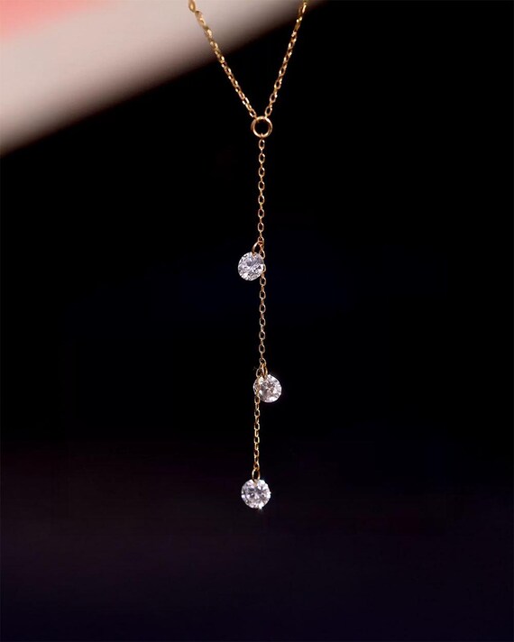 14K Gold Long Drop Lab Diamond Necklace with Three Drilled Lab Grown Stones, Minimal Layering Jewelry for Women