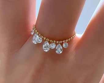 14K Gold Pear Shaped Drilled diamond Ring Adjustable , 18k Lab Grown Teardrop Fine Jewelry, Dainty Gift for Her, Sustainable Sparkle