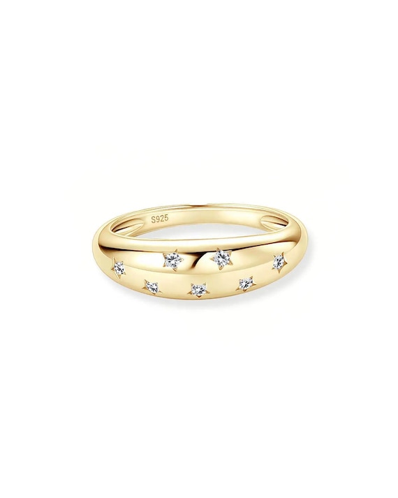 Star Lab Diamond Ring, 14K Solid Gold Minimal Band, Celestial Stacking Ring