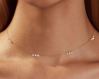 14K Solid Gold Chain With 0.72ctw Twelve Drilled Lab Diamonds, Dainty Everyday Jewelry
