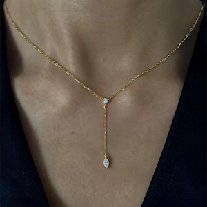 Marquise Diamond Y Necklace in 14k Solid Gold/ Dainty Lariat Drop Chain Necklace for Women / Drop Necklace / Valentine&#39;s Day Gift for Women
