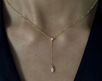 14k Gold Marquise Lab Diamond Y Necklace: Dainty Lariat Drop Chain