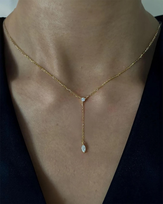 14k Gold Marquise Lab Diamond Y Necklace: Dainty Lariat Drop Chain