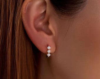 Triple Stone Lab Diamond Huggie Earrings: 14K Solid Gold Dainty Hoops