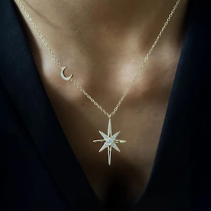14K massief gouden diamanten ketting met ster en maan – hemelse hanger voor dames