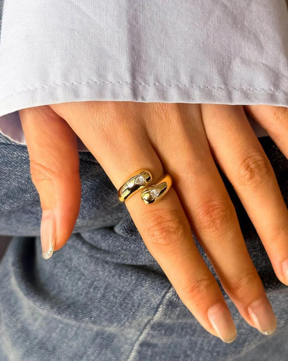 Double Pear Lab Diamond Ring: 14K Solid Gold Bypass Design, Trendy Anniversary Gift