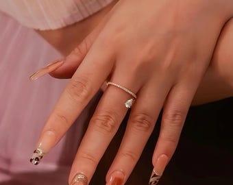 14K Gold Pear Lab Diamond Floating Double Layer Ring, Minimalist Stackable Band