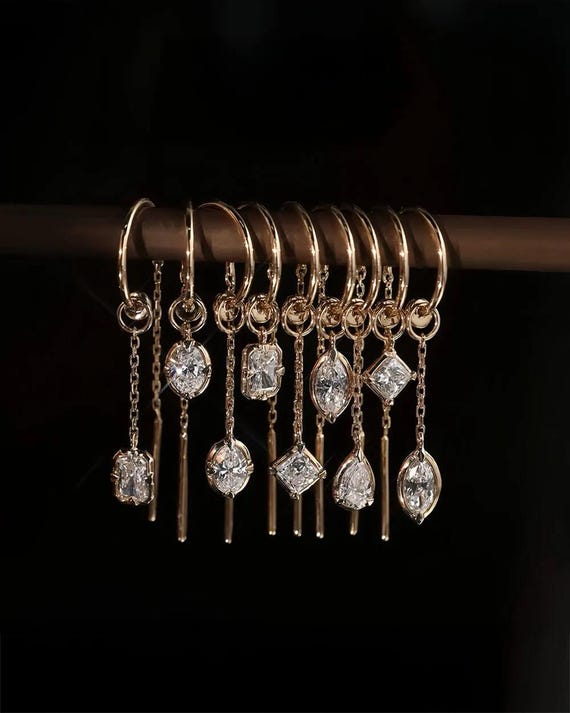 14K Solid Gold Lab Diamond Charms, Mix Match Dangle Earrings, Modern Jewelry