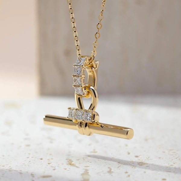 14K Gold Princess Cut Lab Diamant Anhänger, T Bar Kettenanhänger, Minimalist Goldschmuck