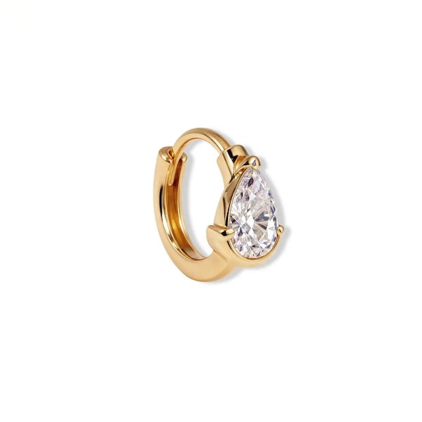 14K Gold Pear & Radiant Cut Lab Diamond Huggie Earrings, Minimalist Single Earring