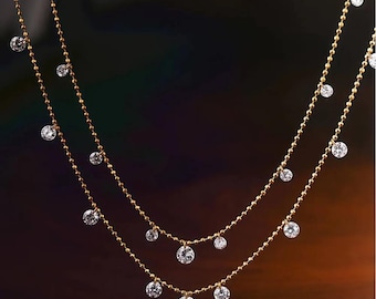 14K Gold 1.3ctw 11 Drilled Lab Diamonds On A Necklace, Lab Sustainable 18k Jewelry Gift For Her, Delicate Beaded Chain, Timeless Sparkle