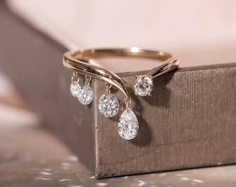 14K Gold Pear & Round Lab Diamond Open Band Ring