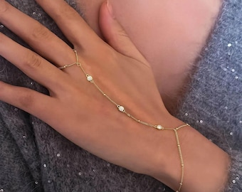 14K Solid Gold Diamond Hand Chain Bracelet, Celestial Jewelry