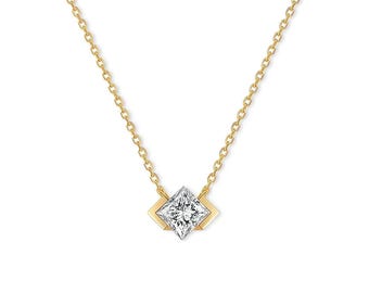 Solitaire Lab Diamond Necklace Princess Cut Pendant, Modern Geometric Square Necklace