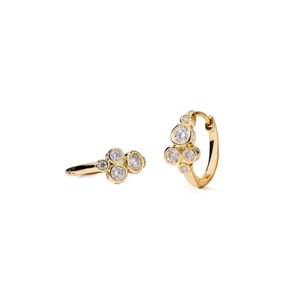 Boucles d'oreilles créoles verticales en or 14 carats serties de diamants ronds de laboratoire