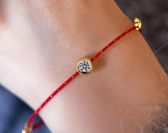 0.5ct Moissanite Diamond Solitaire Red Cord Bracelet, 14K Gold Plated Silver Lucky Charm