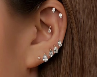 14K Gold Lab Diamond Stud Earrings, Pear Marquise Kite Piercing, Minimalist Cartilage Jewelry